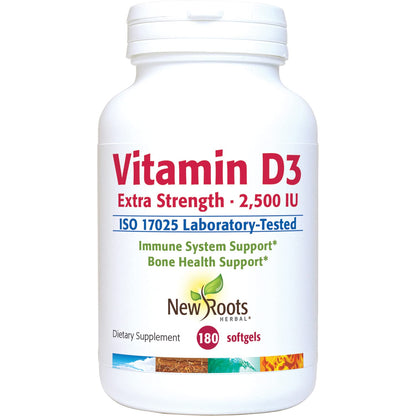 Frasco de Vitamin D3 2500 UI NEW ROOTS HERBAL 180 softgels