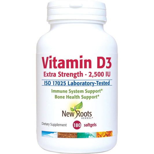 Frasco de Vitamin D3 2500 UI NEW ROOTS HERBAL 180 softgels