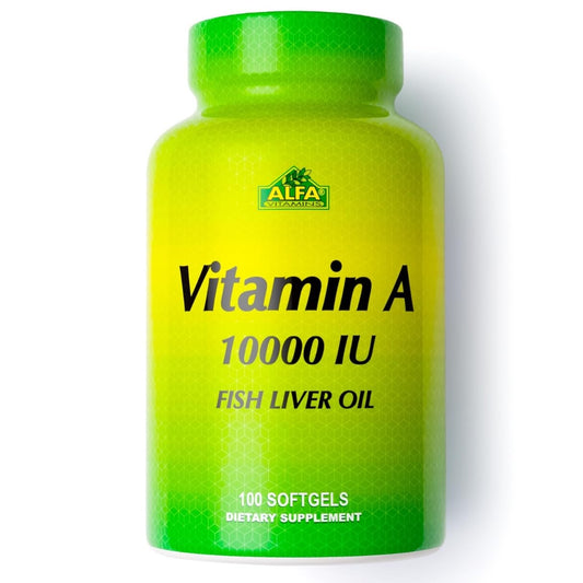 Frasco de Vitamina A Alfa Vitamins 100 cápsulas blandas