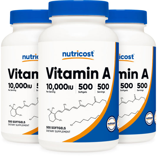 Botella de Vitamina A Nutricost 10,000 UI con cápsulas blandas