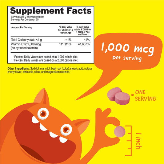 Frasco de vitamina b12 masticable para niños VitaWorks