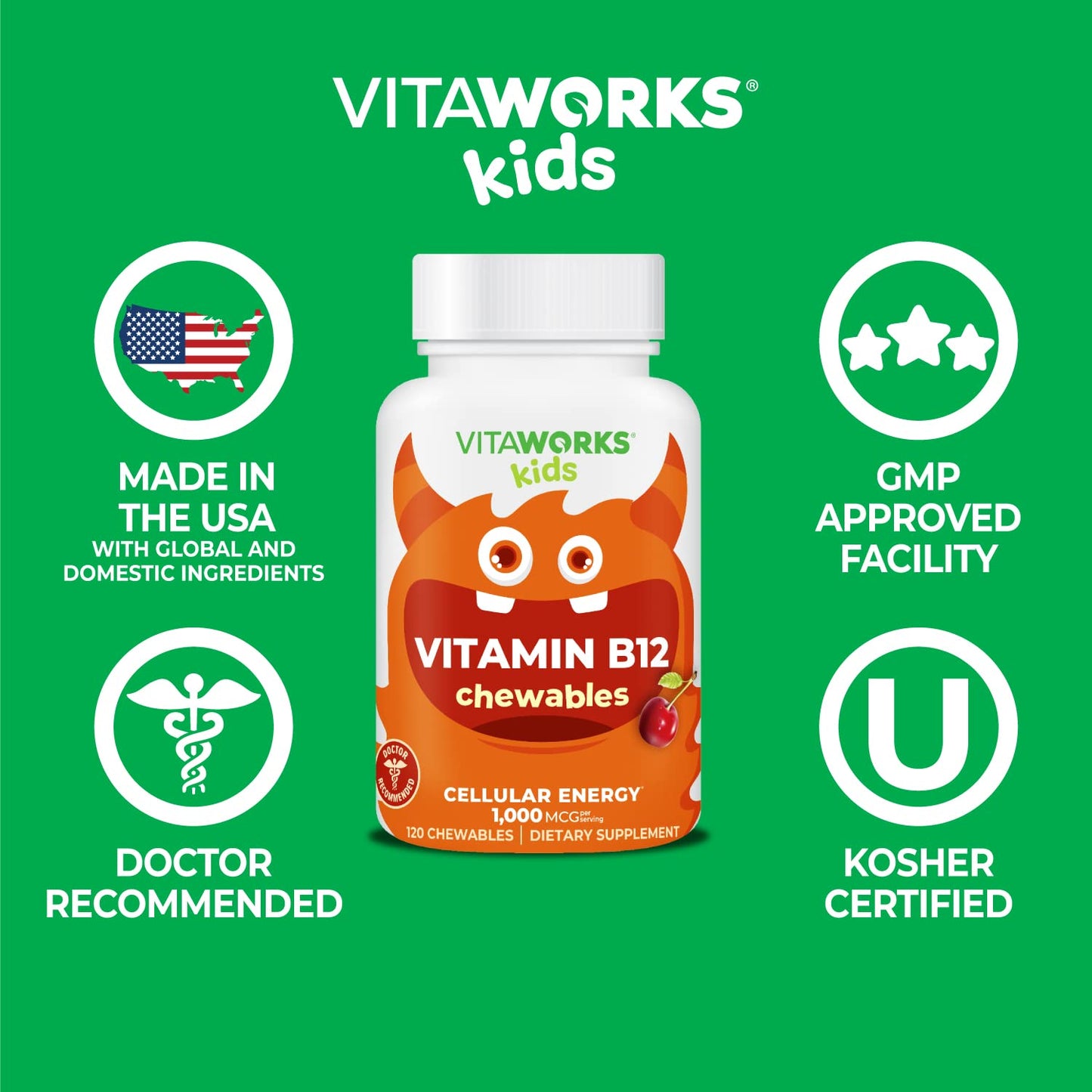 Vitaminas b12 masticables para niños VitaWorks sabor cereza