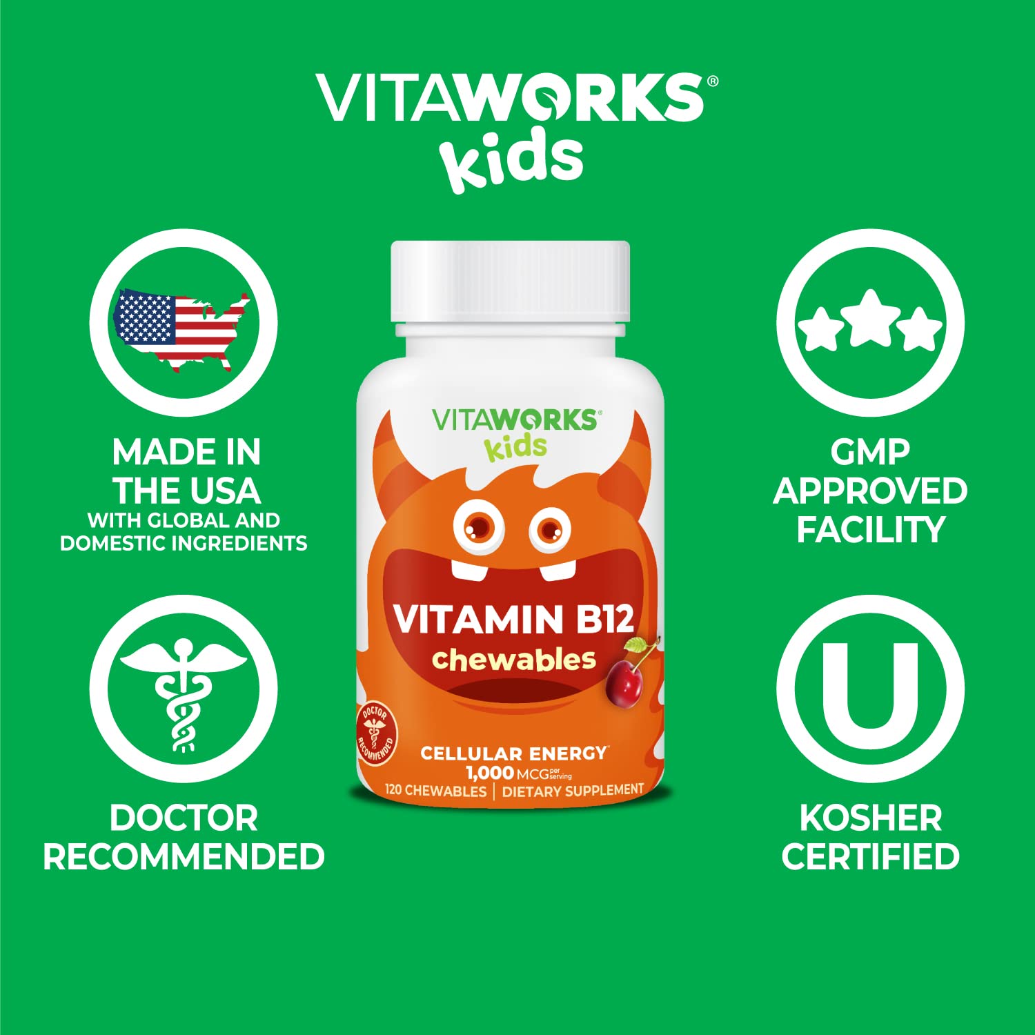Vitaminas b12 masticables para niños VitaWorks sabor cereza
