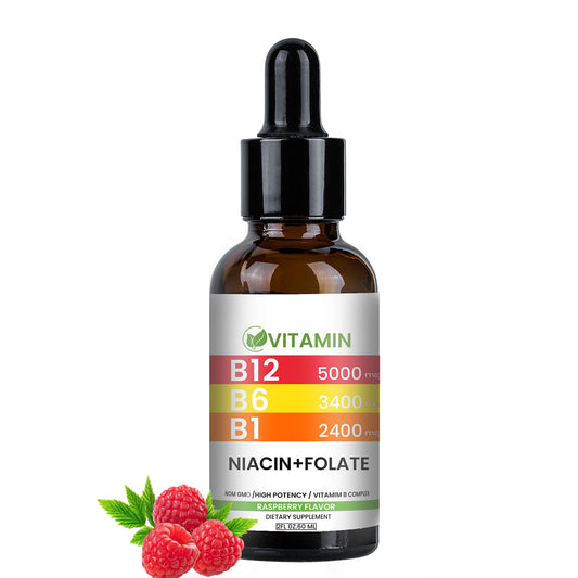 Frasco gotas líquidas vitamina B12 5000mcg con sabor a frambuesa