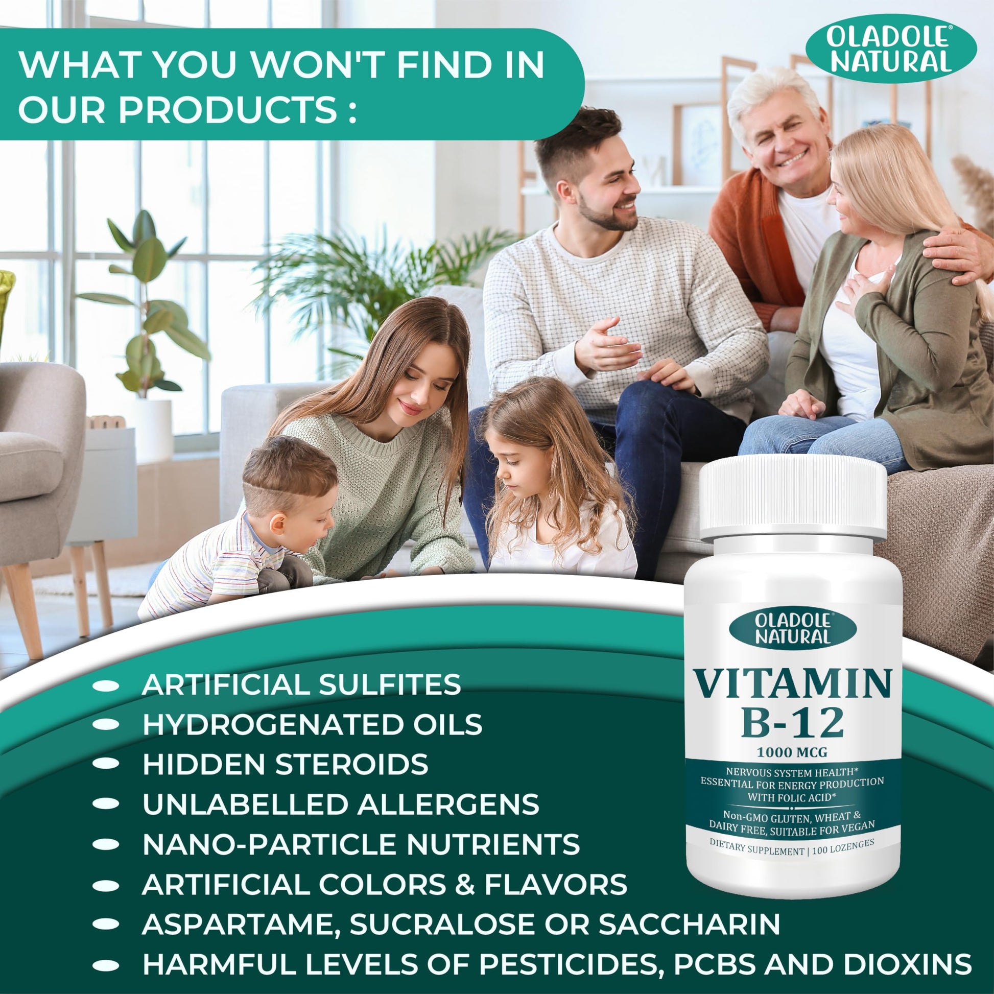 Vitamina B12 con ácido fólico para energía Oladole Natural
