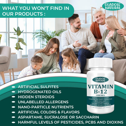 Vitamina B12 con ácido fólico para energía Oladole Natural