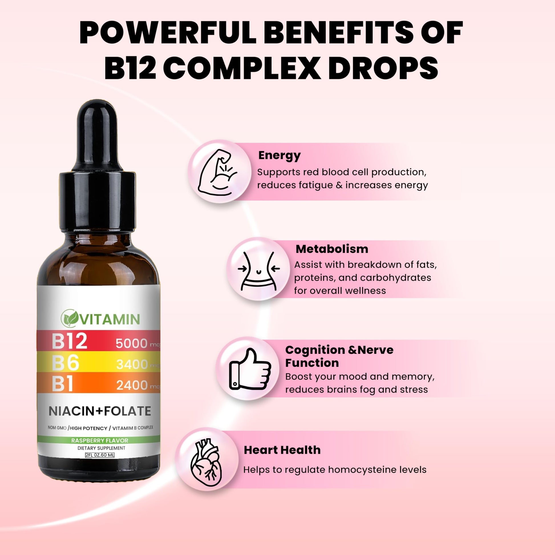 Vitamina B12 líquida para apoyo cerebral y cardíaco con sabor natural
