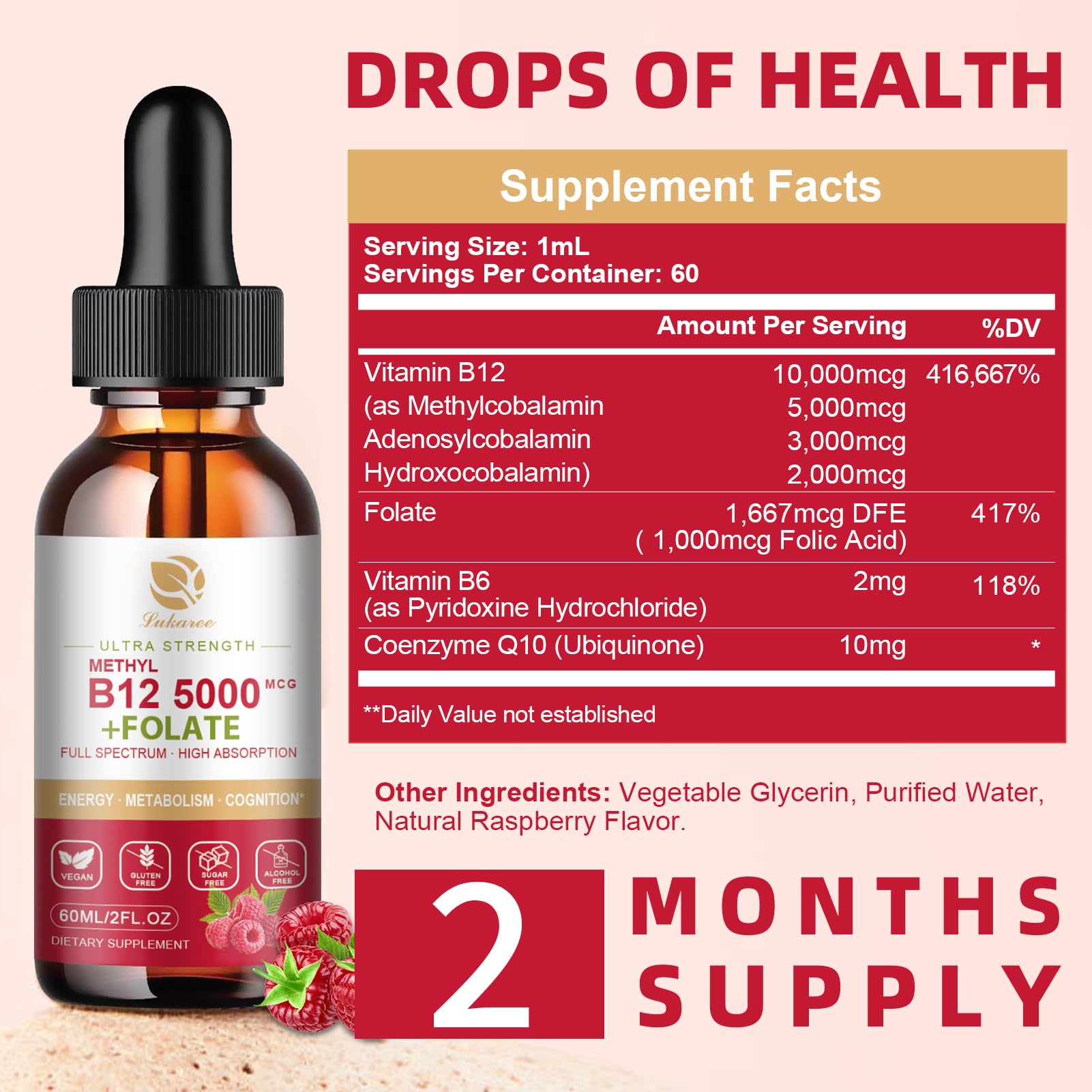 Vitamina B12 líquida Lukaree para soporte inmune y energía