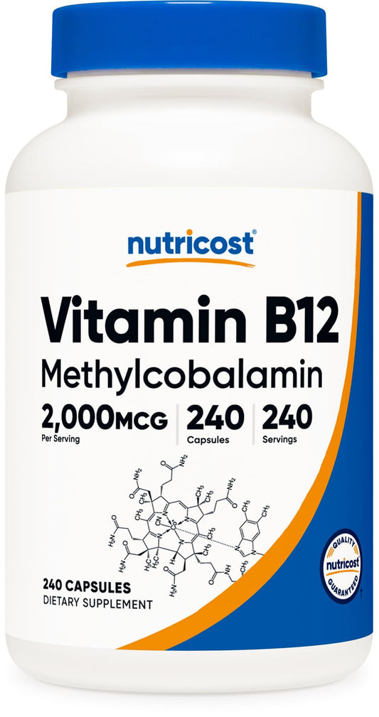 Botella de vitamina B12 Nutricost 2000mcg 240 cápsulas vegetarianas sin gluten