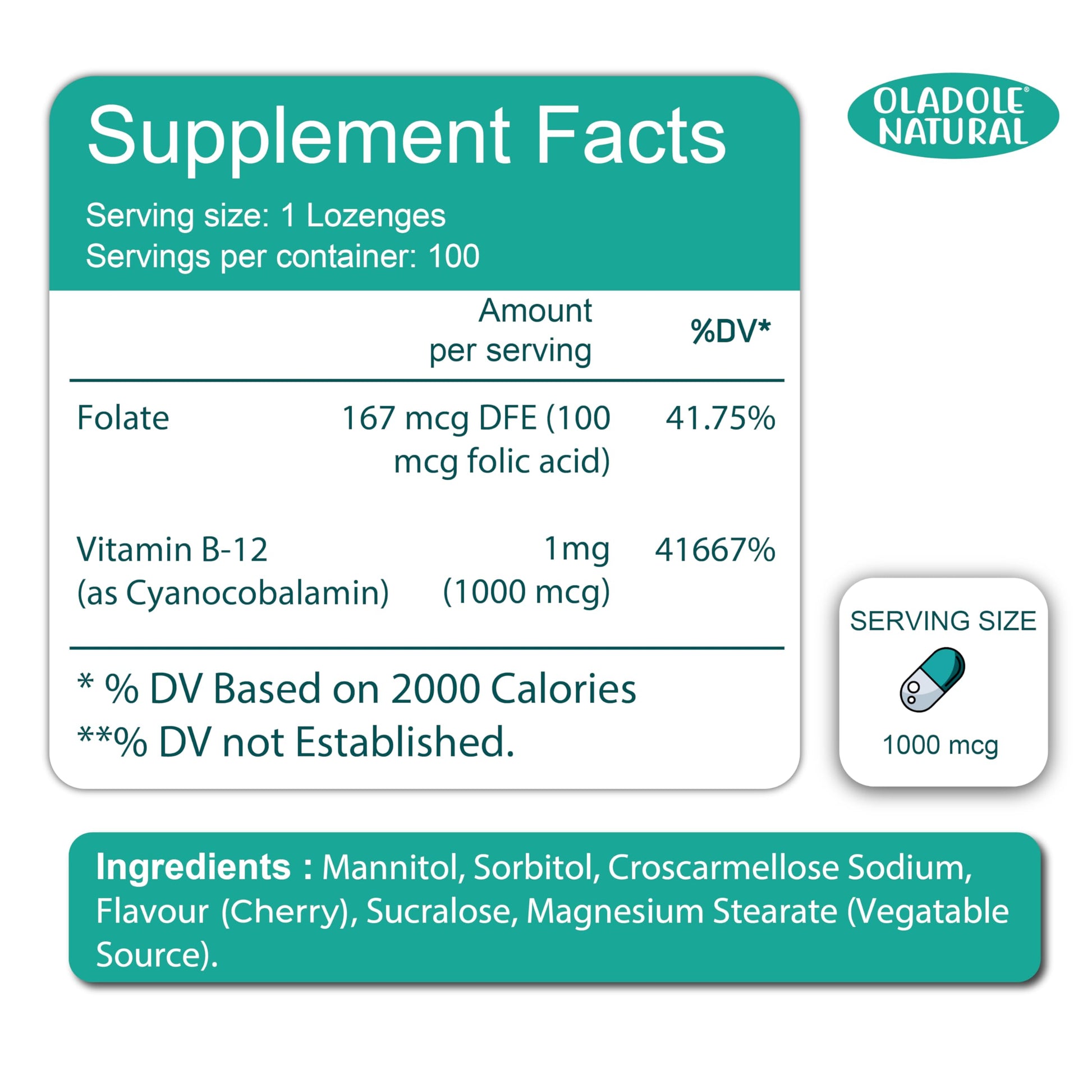 Vitamina B12 Oladole Natural pastillas 1000mcg
