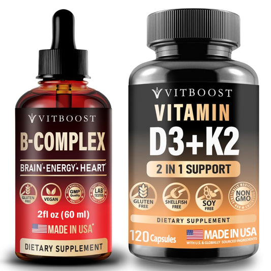 Frasco de Vitamina B12 vegana con complejo B D3 K2 de VITBOOST