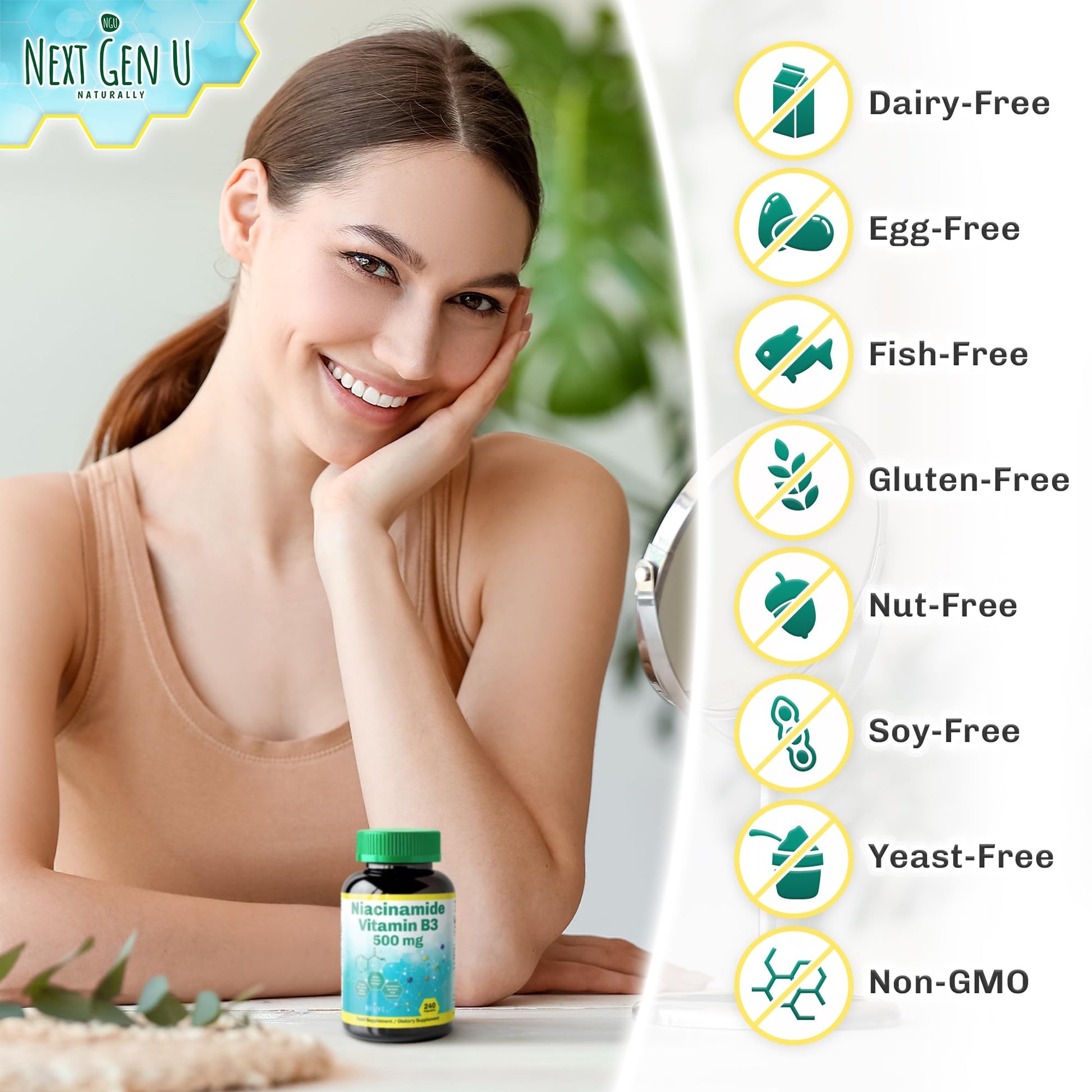 Cápsulas blancas vitamina B3 500 mg NGU para piel y energía