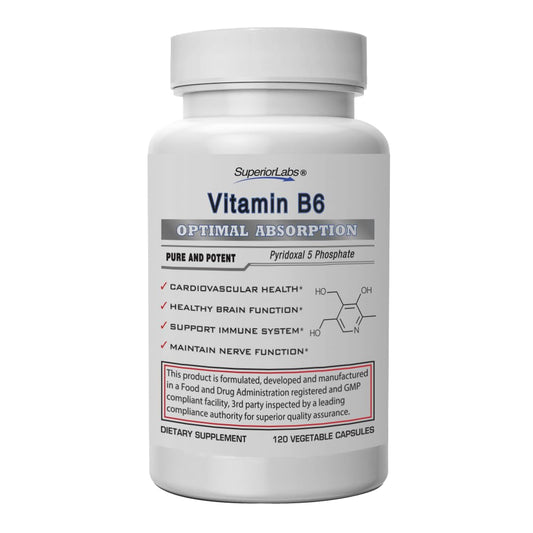 Vitamina B6 Superior Labs 50mg frasco de cápsulas vegetales