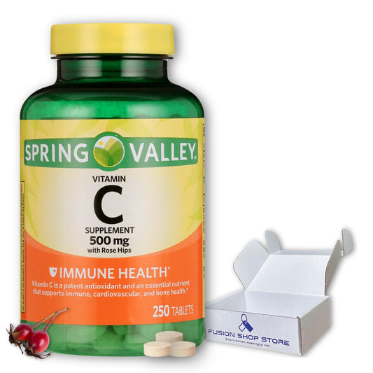 Vitamina C 500mg con rosa mosqueta en frasco verde y amarillo