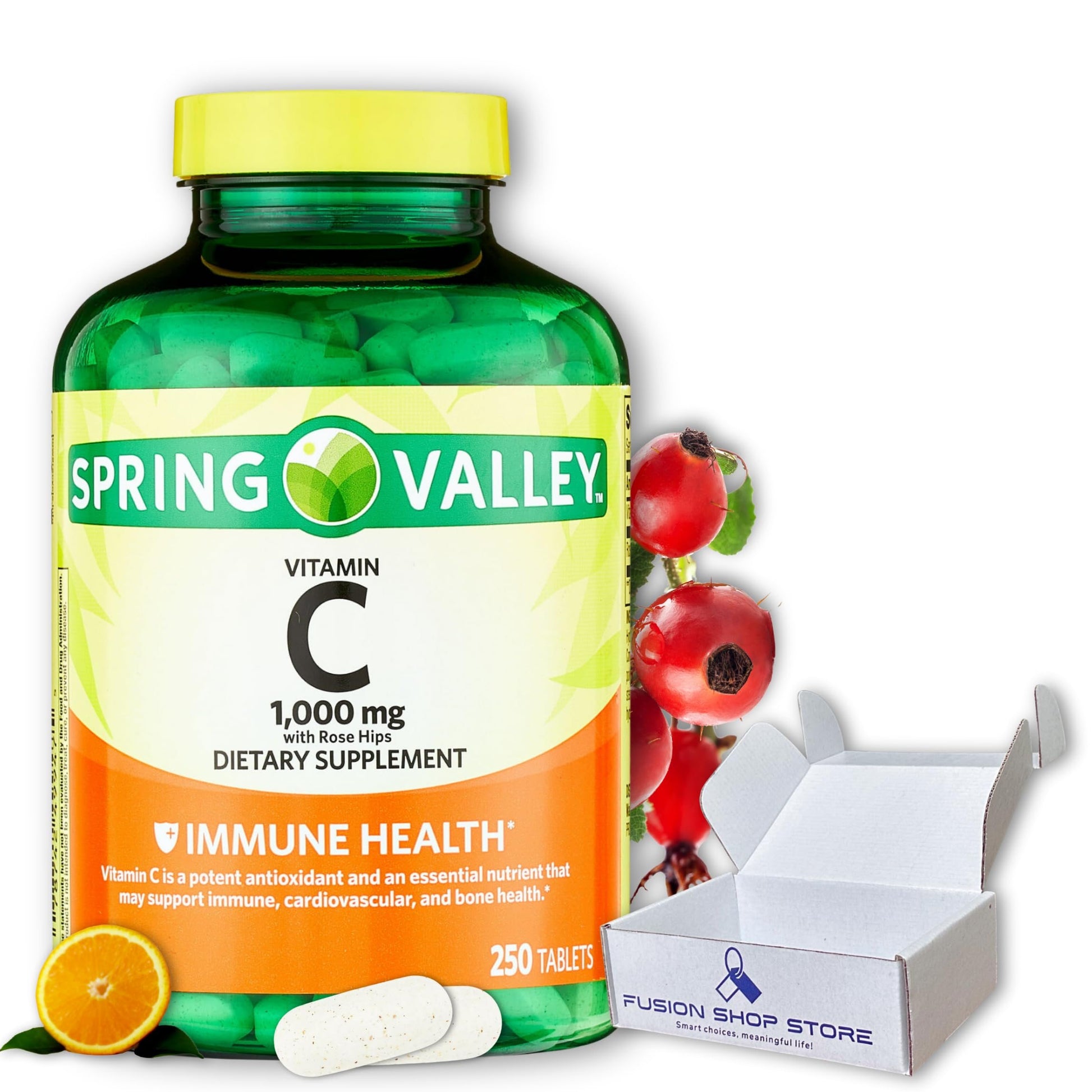 Caja y tabletas Vitamina C Spring Valley con Rosa Mosqueta 250