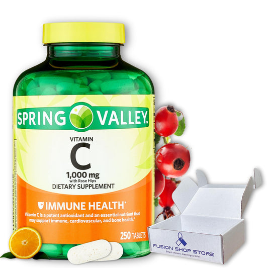 Caja y tabletas Vitamina C Spring Valley con Rosa Mosqueta 250