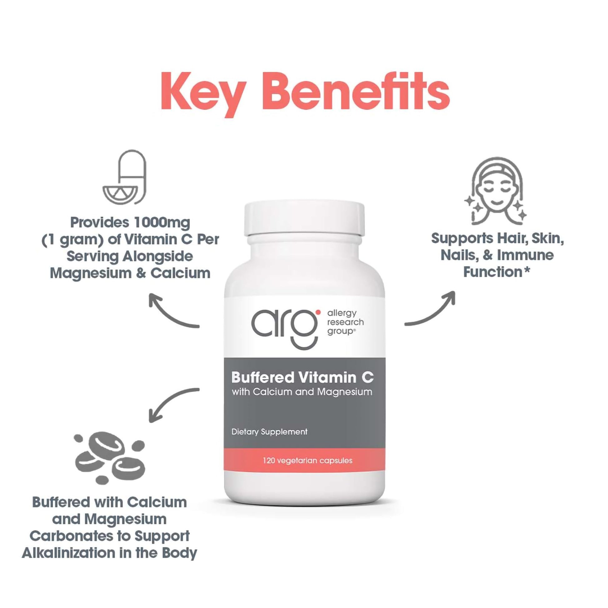 Vitamina C tamponada 120 cápsulas caja frontal alergias