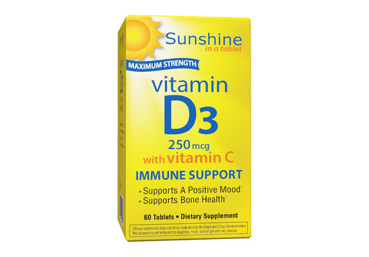 Vitamina D Sunshine 10,000 UI botella frontal color amarillo