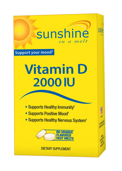 Vitamina D Sunshine 2000 IU Quick Melts paquete frontal