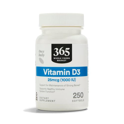 Vitamina D3 1000 IU 365 Whole Foods Market 250 cápsulas blandas paquete