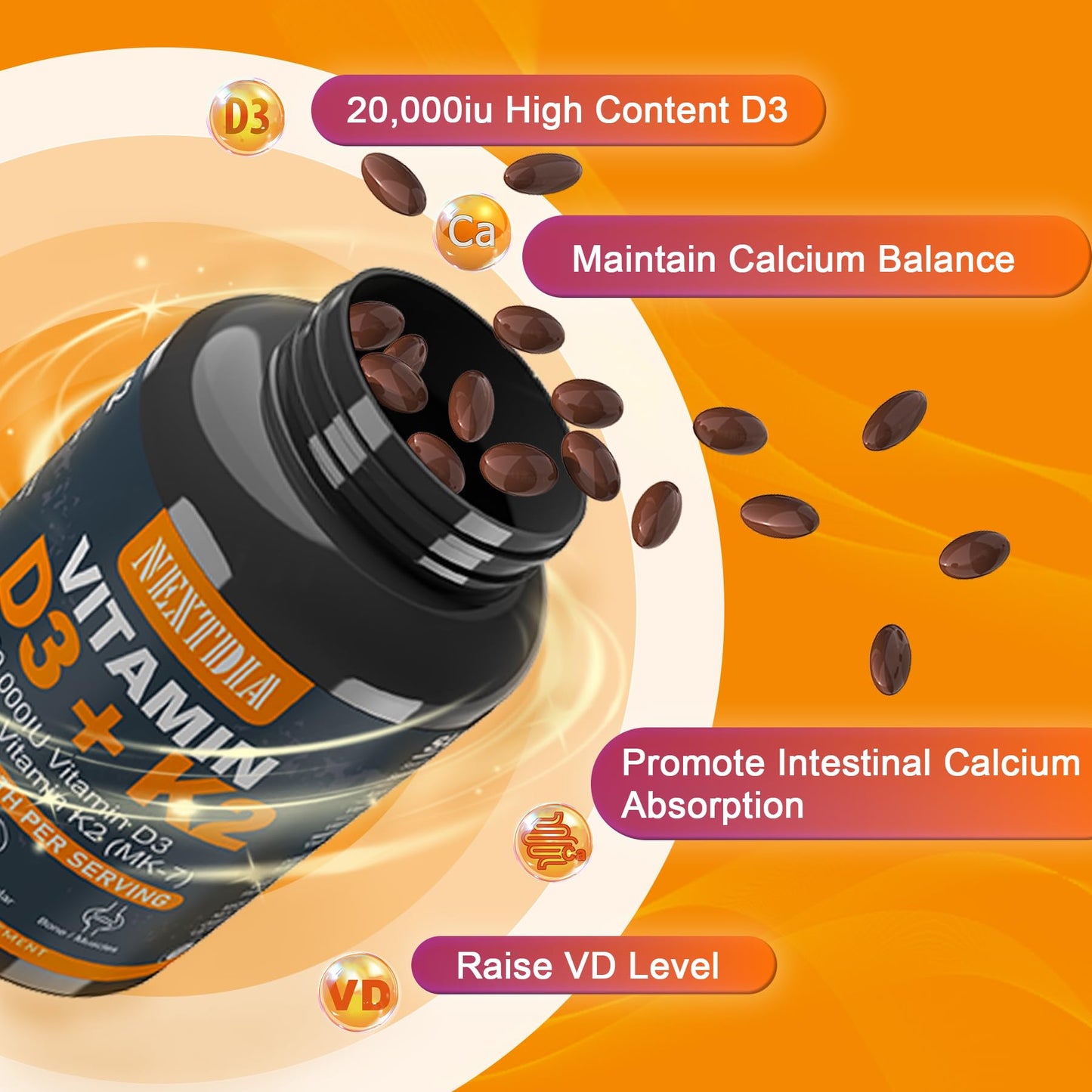 Vitamina D3 20000 UI con K2 MK7 para apoyo inmunológico y absorción