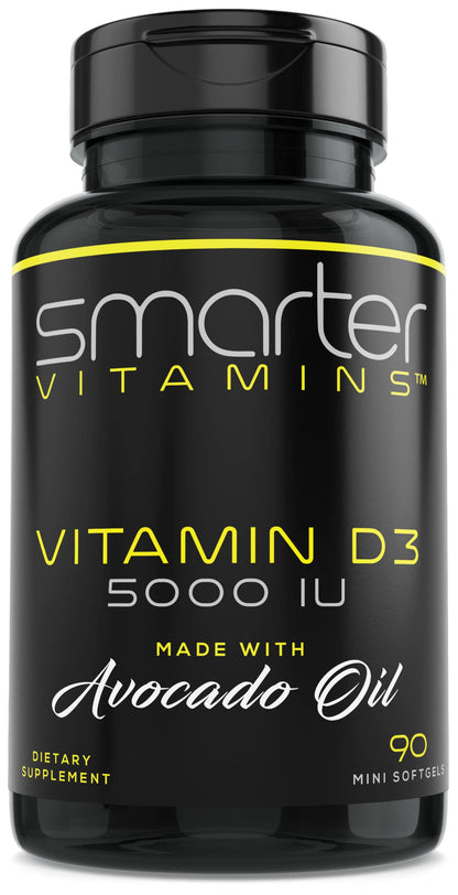 Botella de vitamina D3 5000 IU Smarter en aceite de aguacate con 90 mini softgels