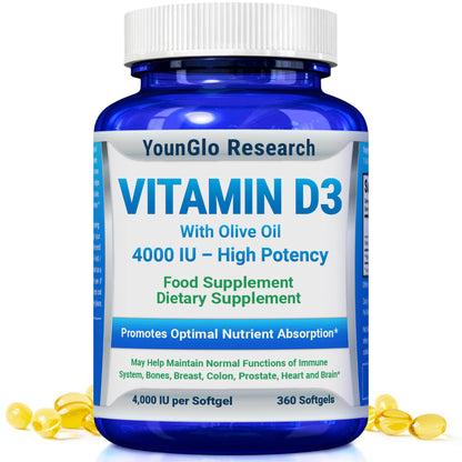 Vitamina D3 5000 UI aceite oliva no ogm YounGlo 360 cápsulas