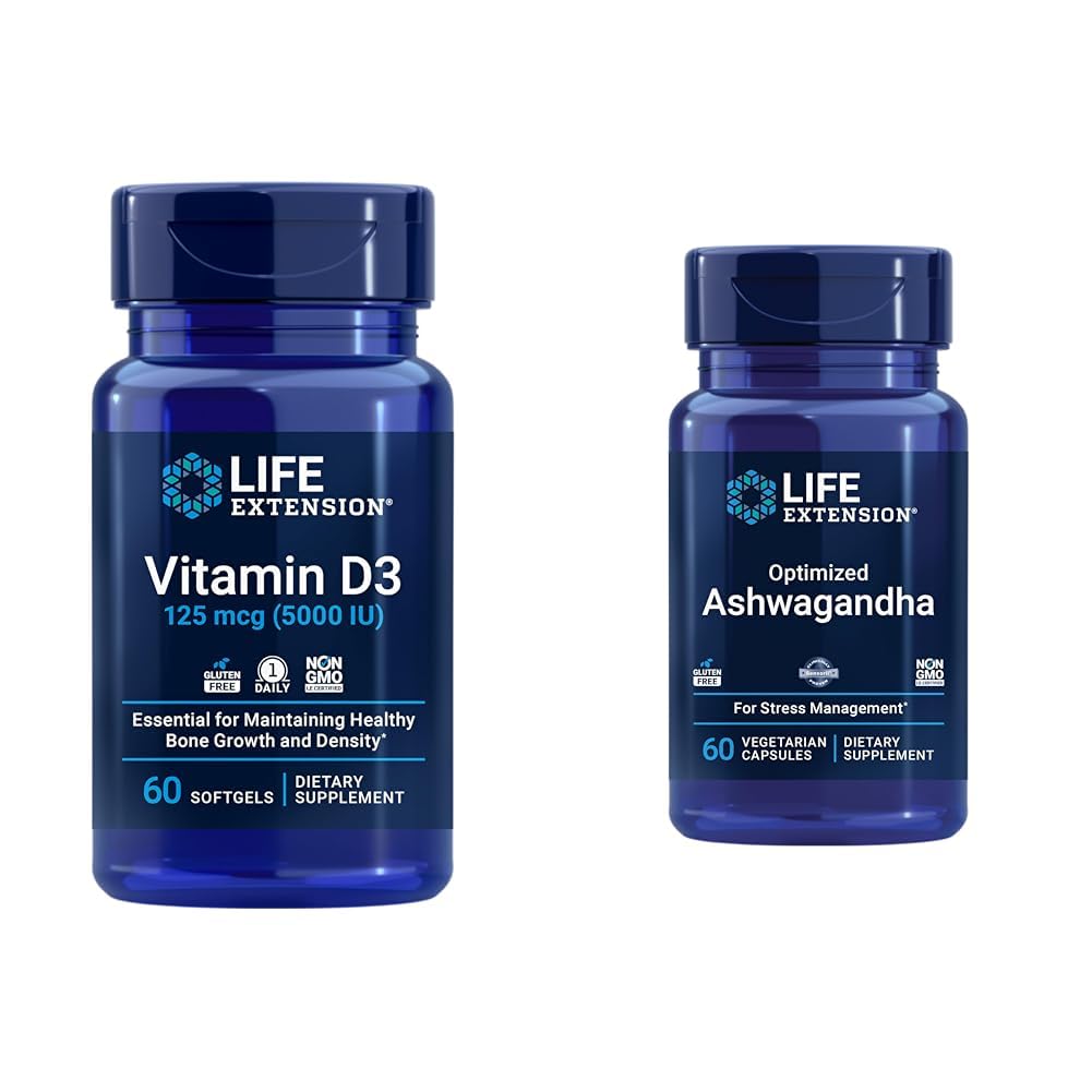 Vitamina D3 5000 UI y Ashwagandha Life Extension - envase frontal