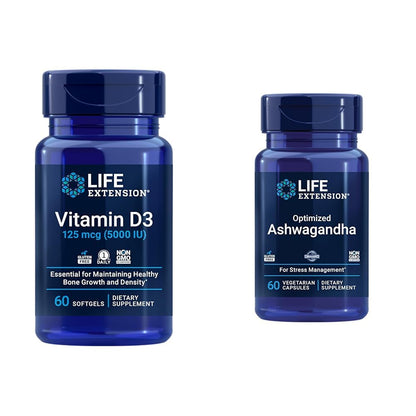 Vitamina D3 5000 UI y Ashwagandha Life Extension - envase frontal