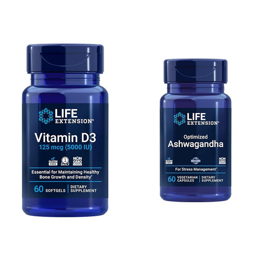 Vitamina D3 5000 UI y Ashwagandha Life Extension - envase frontal