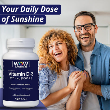 Vitamina d3 5000 ui wow supplements empaque y softgels