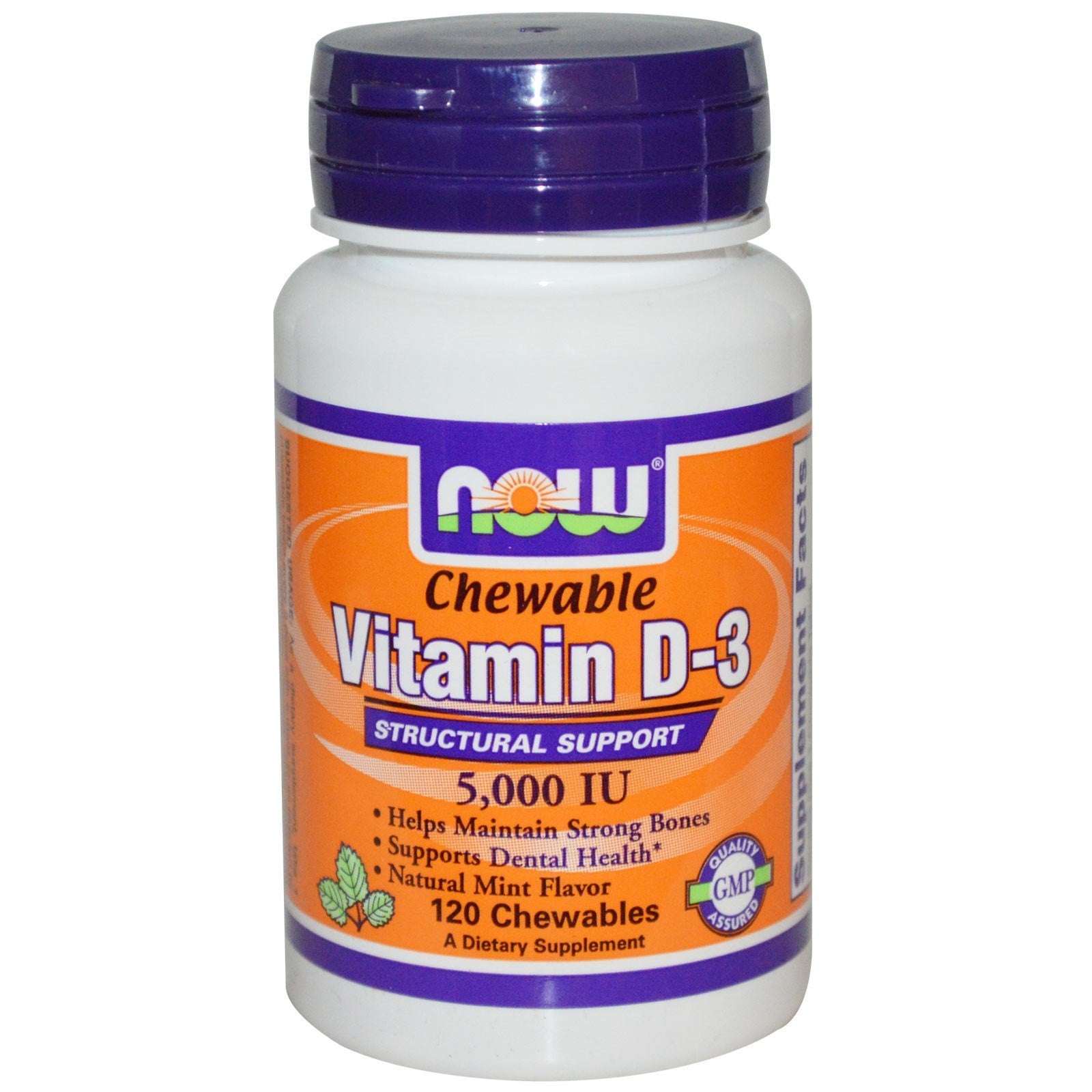 Paquete de Vitamina D-3 masticable 5000 UI sabor menta Now Foods