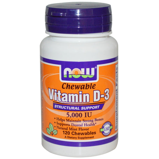 Paquete de Vitamina D-3 masticable 5000 UI sabor menta Now Foods