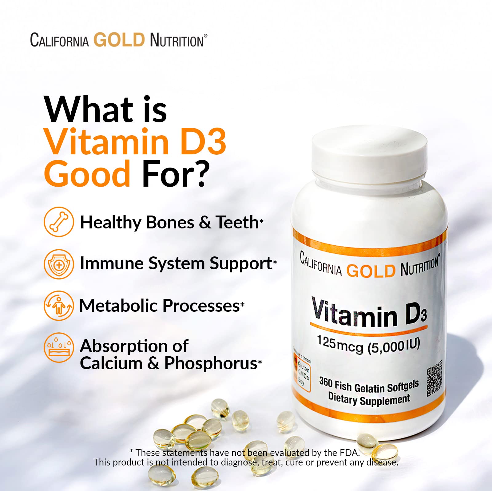 Vitamina D3 California Gold Nutrition para salud ósea e inmune 360 uds