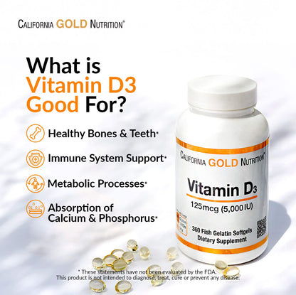 Vitamina D3 California Gold Nutrition para salud ósea e inmune 360 uds