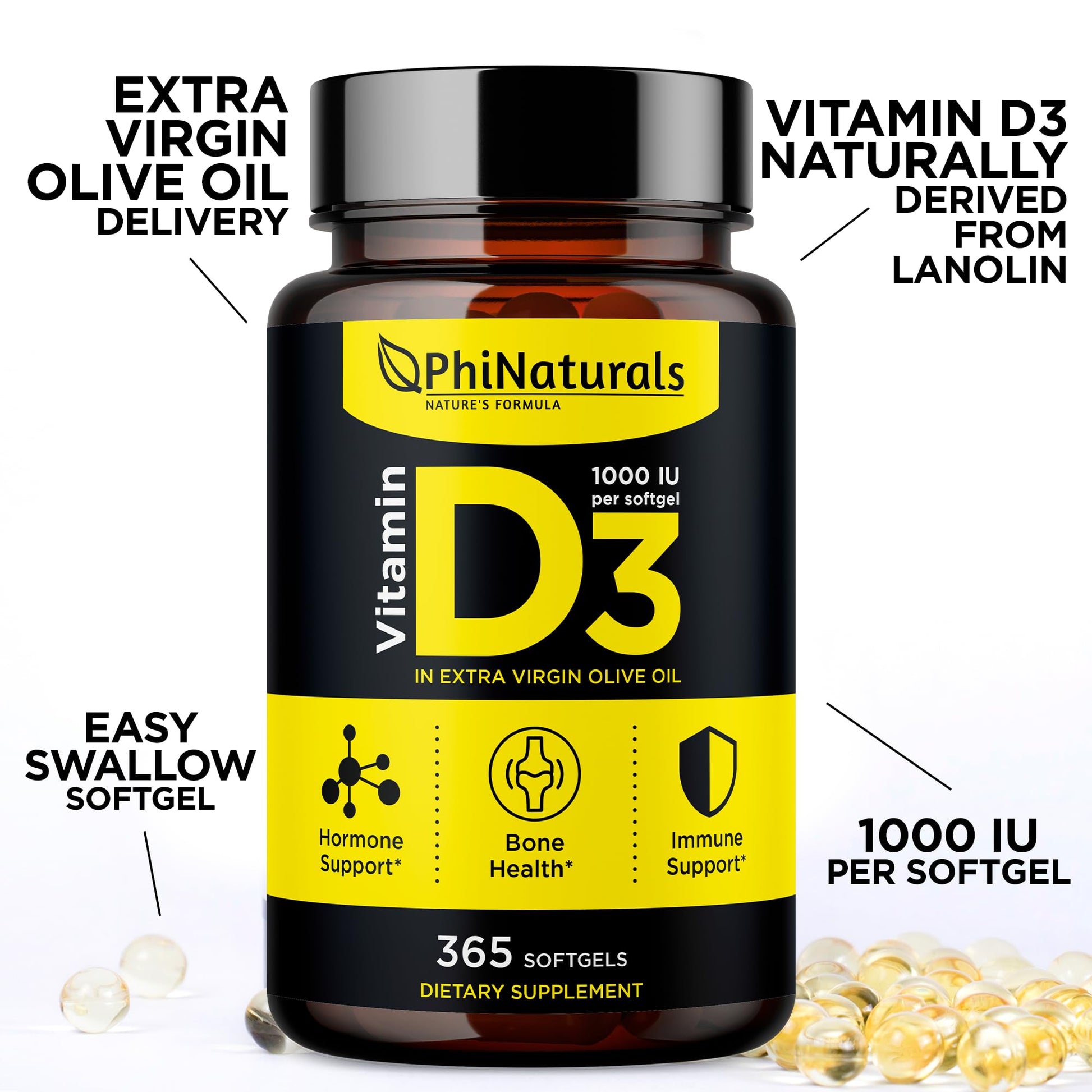 Vitamina D3 en cápsulas blandas base aceite oliva 365 PhiNaturals