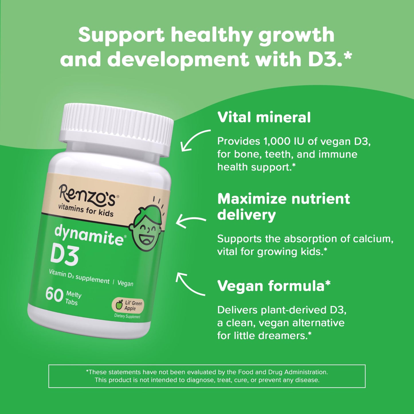 Vitamina D3 disoluble Renzo para niños con ingredientes limpios y sin azúcar