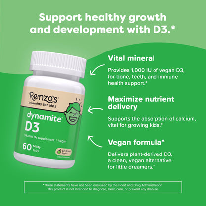 Vitamina D3 disoluble Renzo para niños con ingredientes limpios y sin azúcar