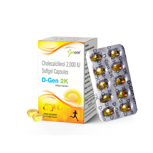 Frasco de cápsulas vitamina d3 genone dgen 2k para inmunidad