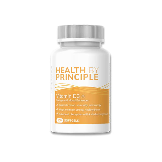 Caja y frasco Vitamina D3 Health by Principle 100 cápsulas