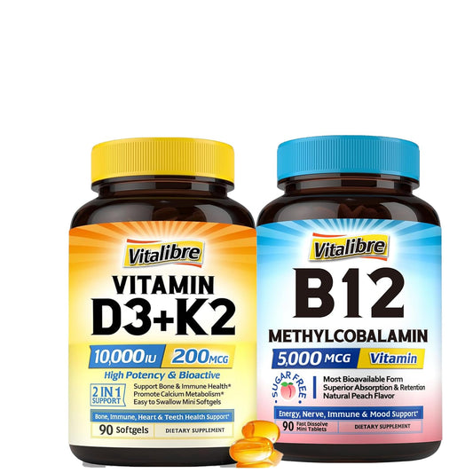 Botella de Vitamina D3 y K2 con vitamina B12 Vitalibre