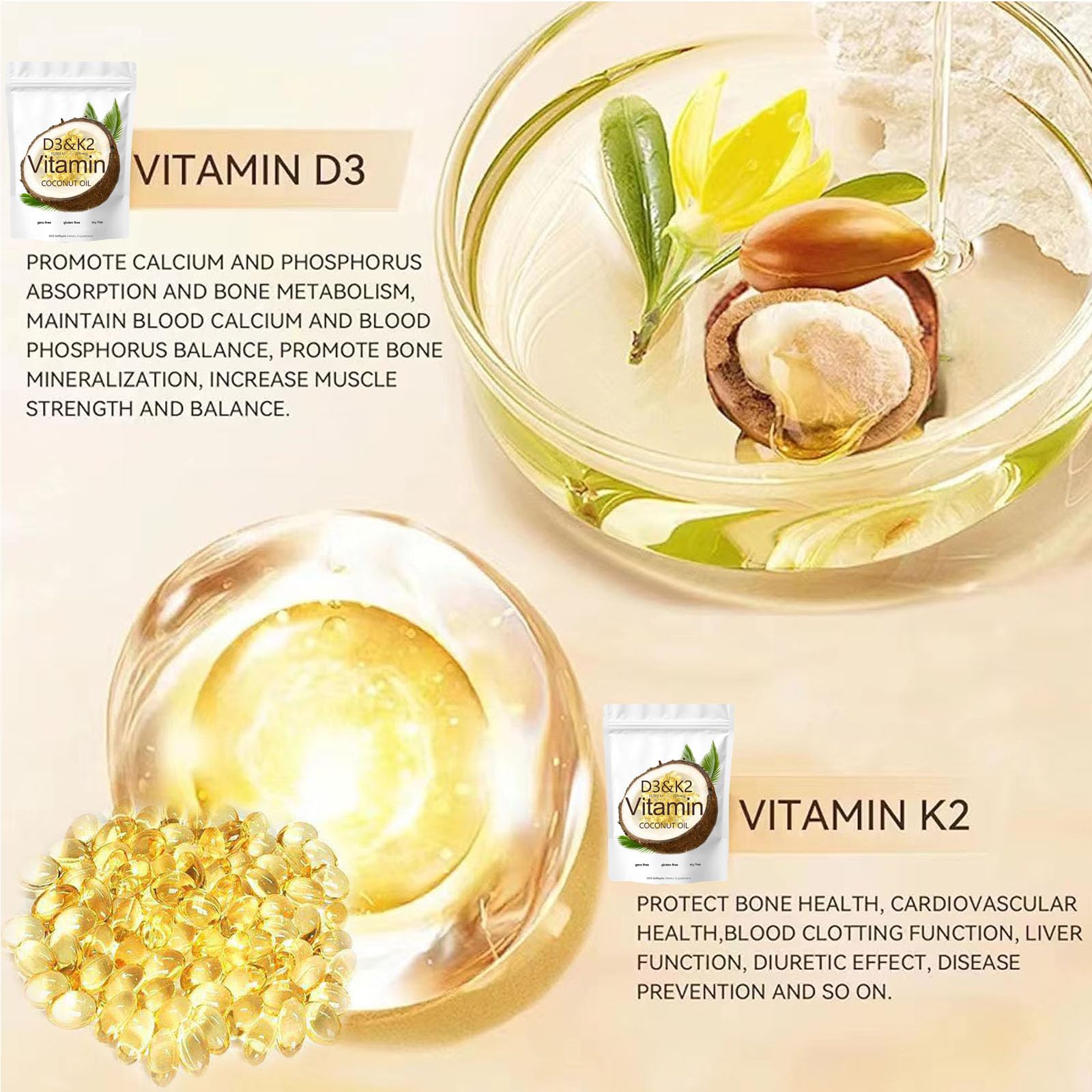 Vitamina d3 k2 cápsulas blandas qiuumey sin lácteos ni cacahuate