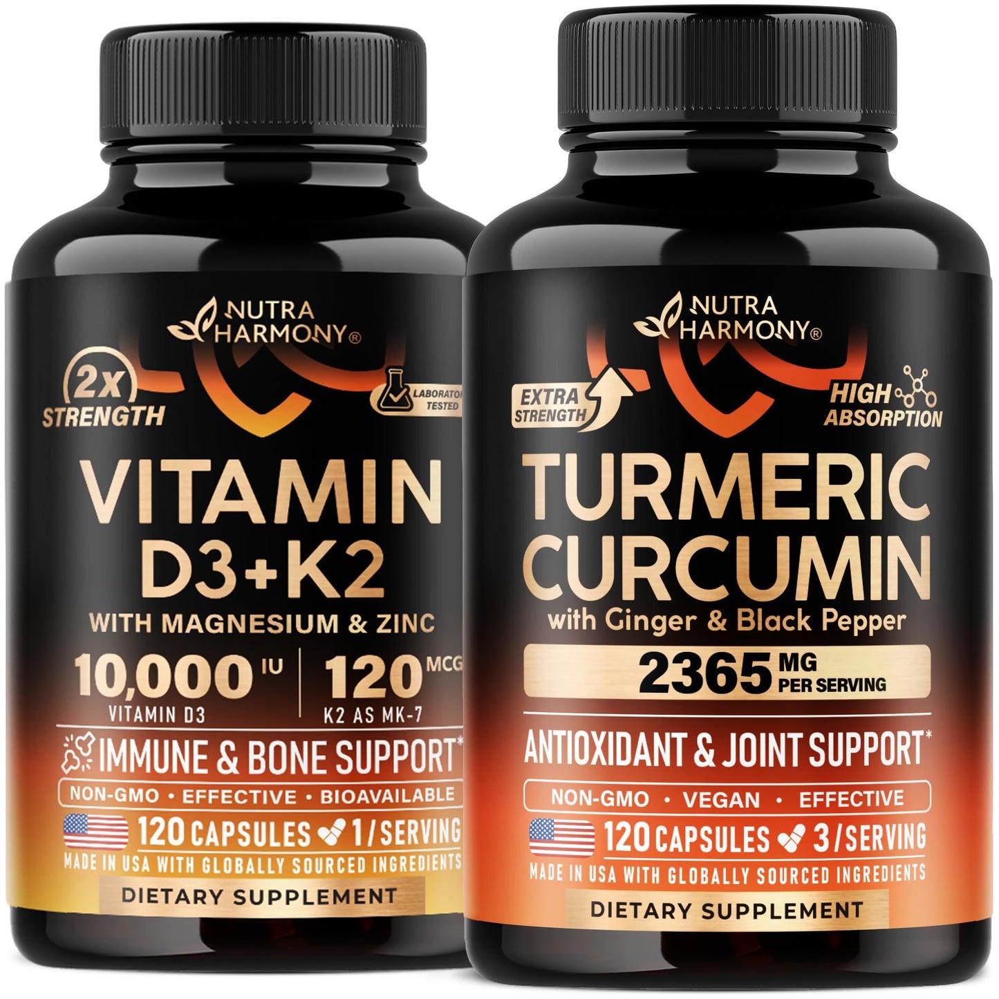 Frasco de cápsulas Vitamina D3 K2 y Cúrcuma Curcumina de NUTRAHARMONY