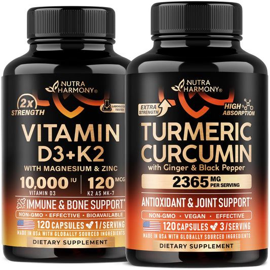 Frasco de cápsulas Vitamina D3 K2 y Cúrcuma Curcumina de NUTRAHARMONY