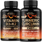Frasco de cápsulas Vitamina D3 K2 y Cúrcuma Curcumina de NUTRAHARMONY