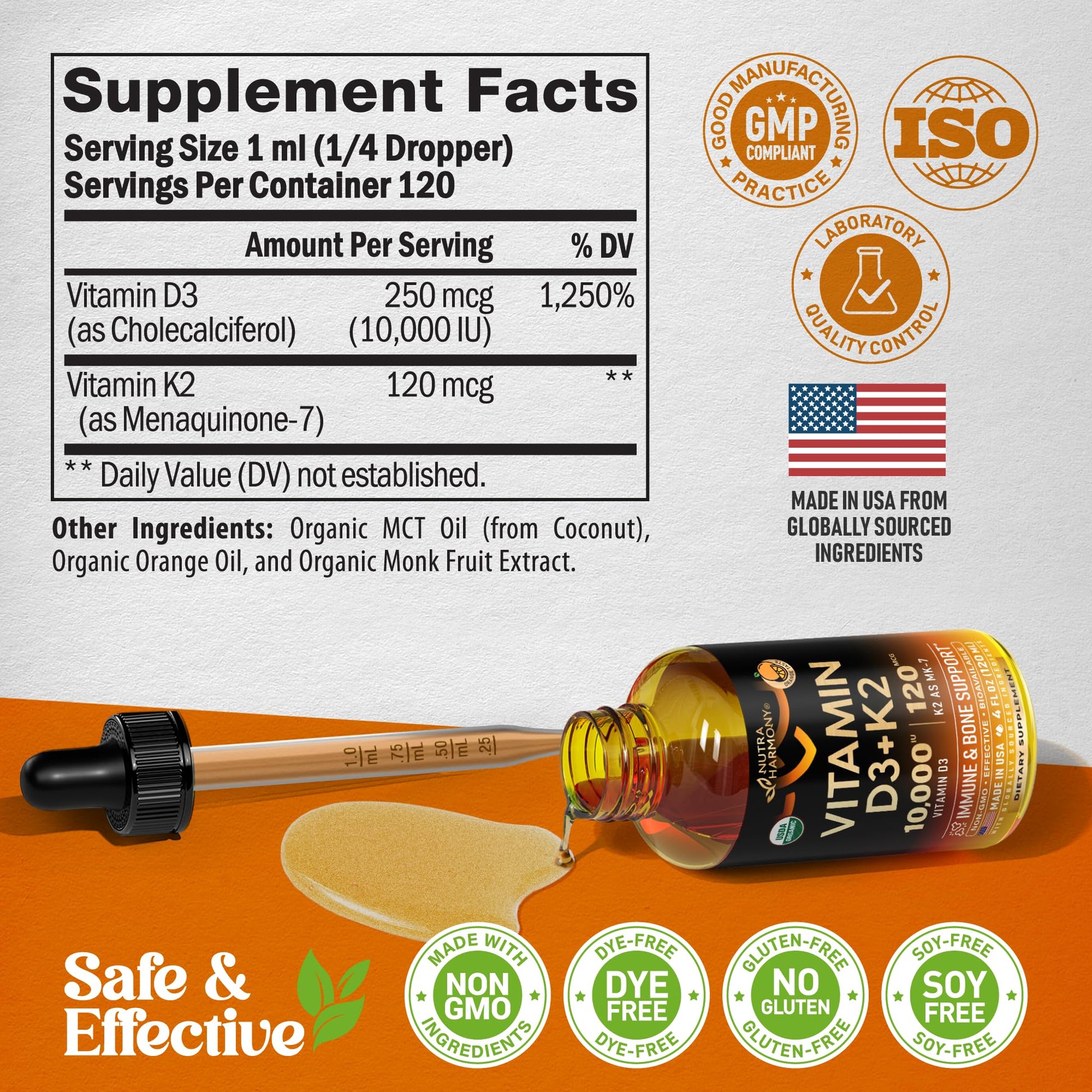 Vitamina D3 K2 gotas líquidas con sabor naranja para bienestar