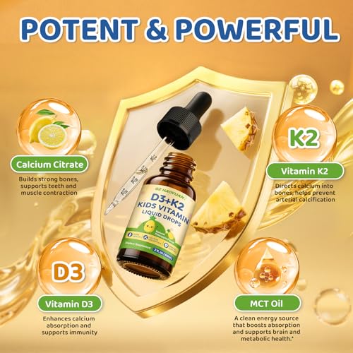 Frasco con gotero de vitamina D3 K2 sabor piña para niños