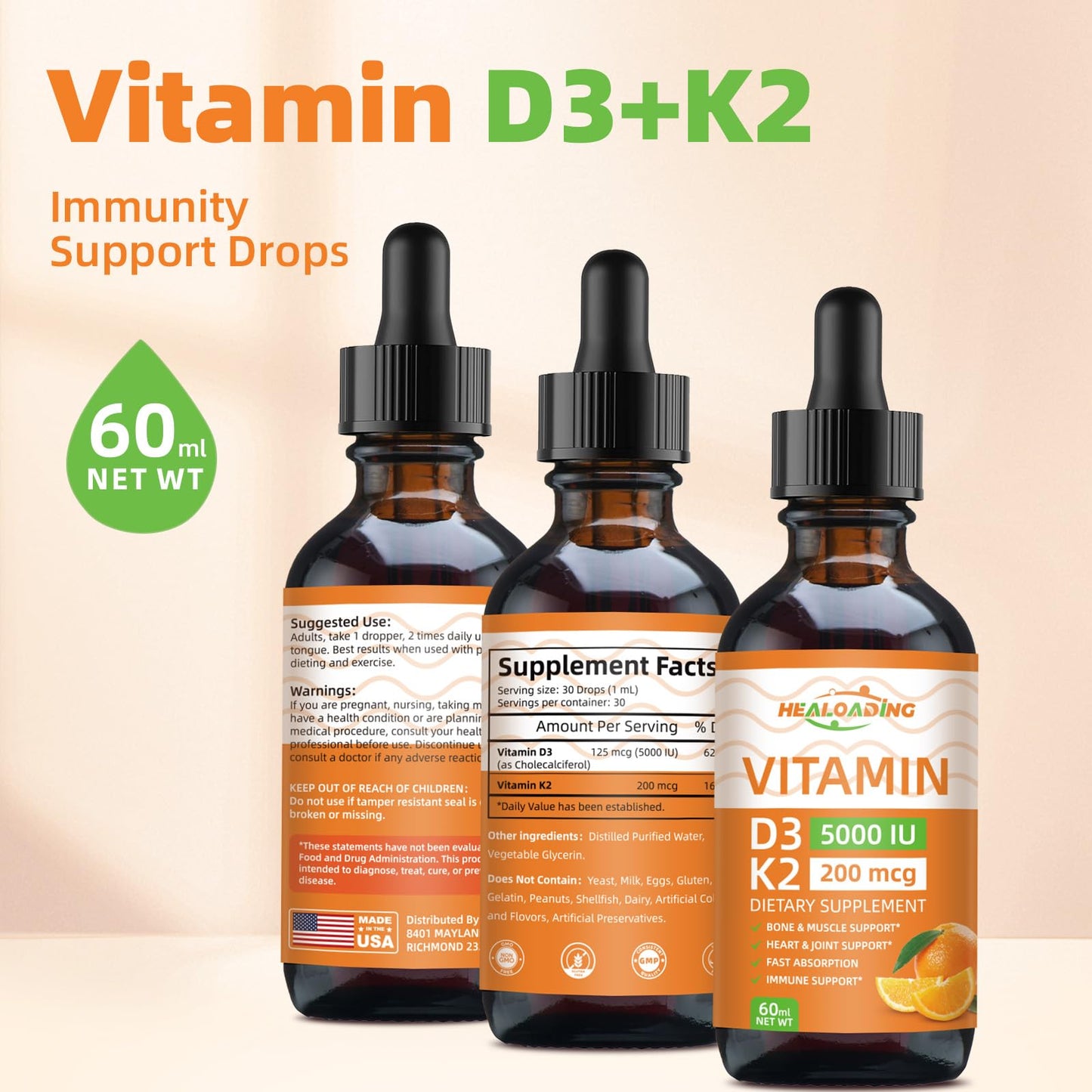 Vitamina D3 y K2 gotas para salud inmune huesos corazón HEALOADING