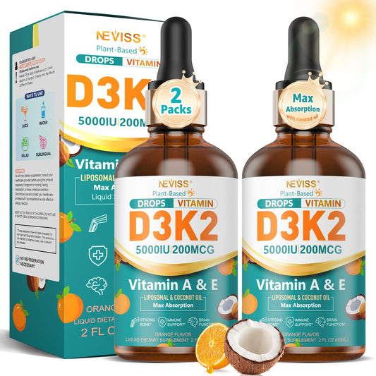 Vitaminas liposomales D3 y K2 en botella transparente con gotero