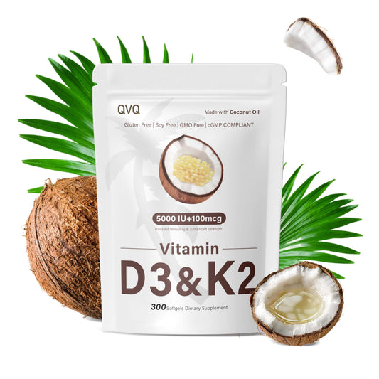 Frasco de vitaminas D3 K2 QVQ con 300 cápsulas